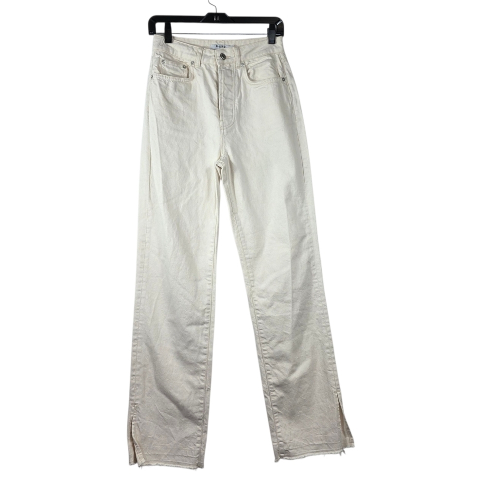Na-Kd straight leg high rise  Denim Jeans with side slit and raw edge